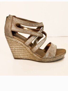 Cynthia Vincent Tan / Gold Speckled Leather Espadrille Wedge Sandals